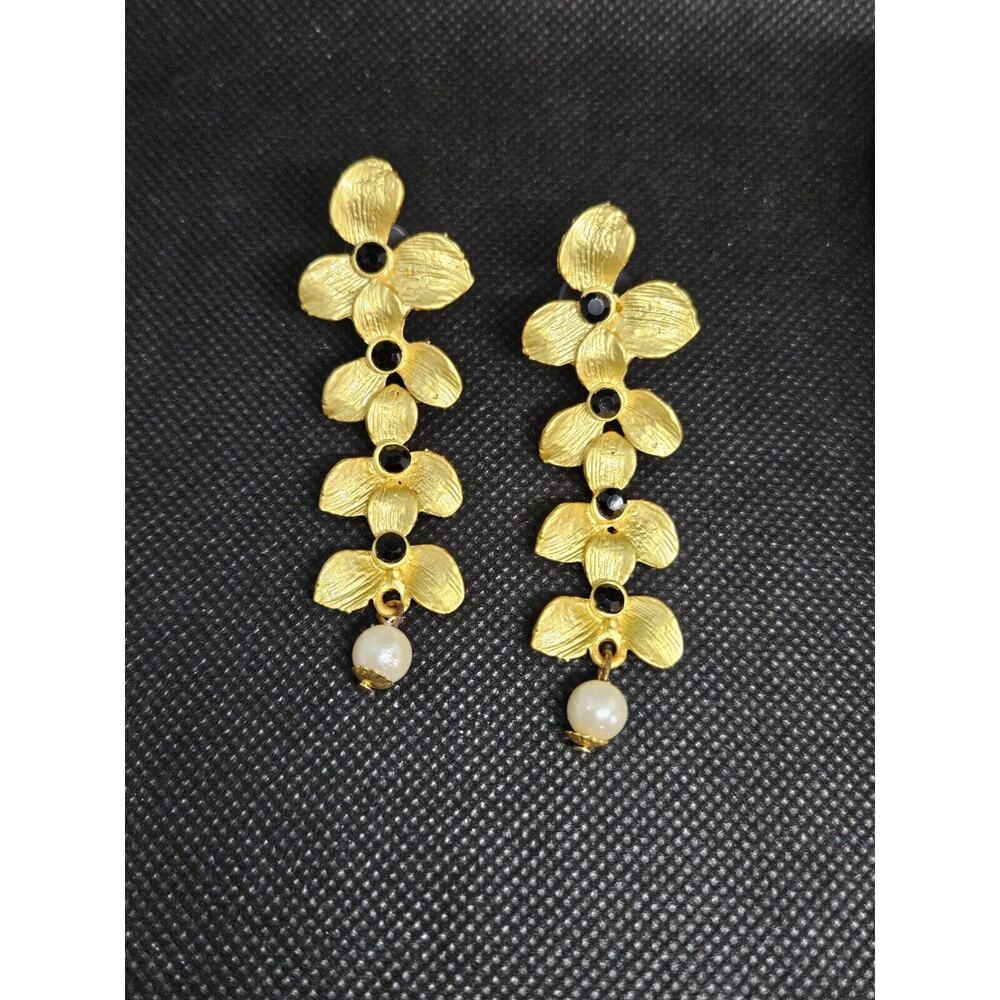 Long Goldtone Floral Drop Pearl Dangle Earrings Statement Fashion Jewelry